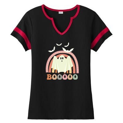 Funny Halloween Cute Ghost Retro Rainbow Spooky Ladies Halftime Notch Neck Tee