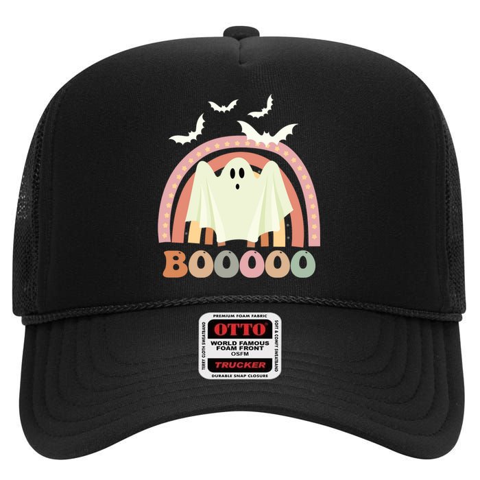 Funny Halloween Cute Ghost Retro Rainbow Spooky High Crown Mesh Back Trucker Hat