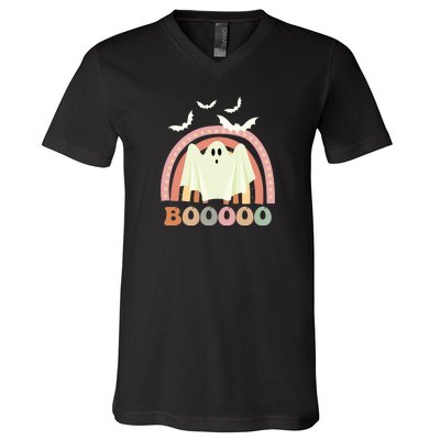 Funny Halloween Cute Ghost Retro Rainbow Spooky V-Neck T-Shirt