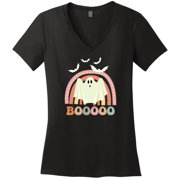 Funny Halloween Cute Ghost Retro Rainbow Spooky Women's V-Neck T-Shirt