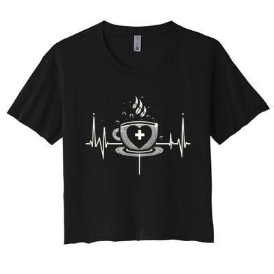 Funny Heartbeat Coffee Coffee Cup Frequency Women's Crop Top Tee