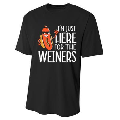 Funny Hot Dog Im Just Here For The Wieners Sausage Performance Sprint T-Shirt