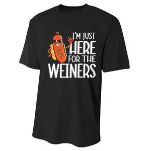 Funny Hot Dog Im Just Here For The Wieners Sausage Performance Sprint T-Shirt