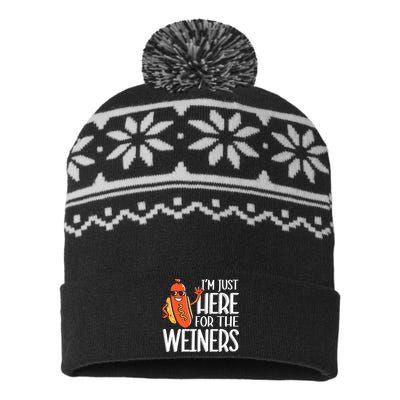 Funny Hot Dog Im Just Here For The Wieners Sausage USA-Made Snowflake Beanie