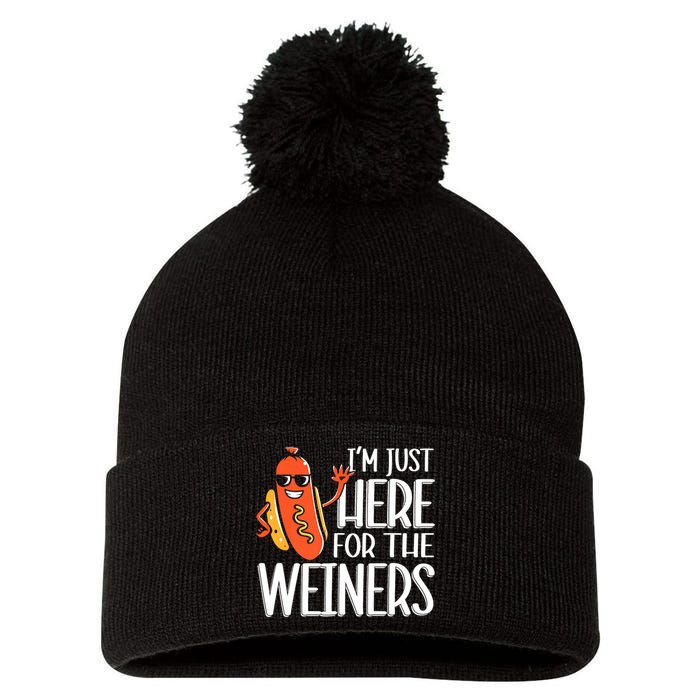 Funny Hot Dog Im Just Here For The Wieners Sausage Pom Pom 12in Knit Beanie