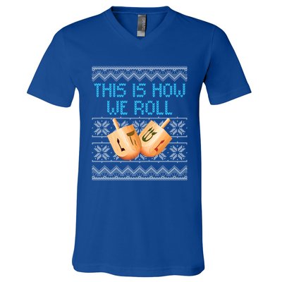 Funny Hanukkah Dreidel We Roll Ugly Christmas Theme Design Gift V-Neck T-Shirt