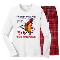 Funny Hot Dog Im Just Here For The Wieners 4Th Of July Women's Long Sleeve Flannel Pajama Set 