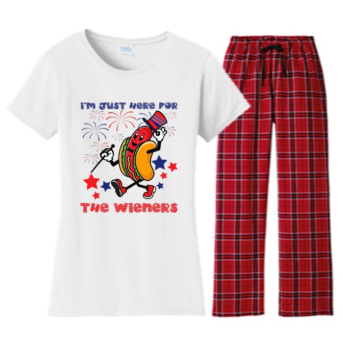 Funny Hot Dog Im Just Here For The Wieners 4Th Of July Women's Flannel Pajama Set