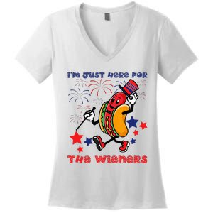 Funny Hot Dog Im Just Here For The Wieners 4Th Of July Women's V-Neck T-Shirt