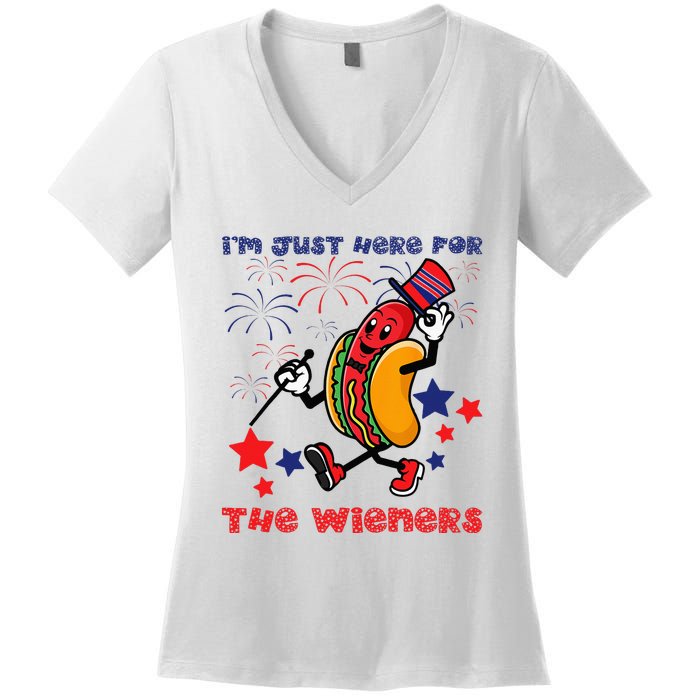 Funny Hot Dog Im Just Here For The Wieners 4Th Of July Women's V-Neck T-Shirt