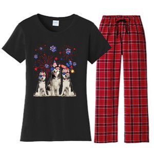 Funny Husky Dogs American Flag Lover Happy 4th Of July Women's Flannel Pajama Set