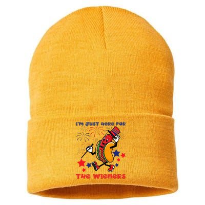 Funny Hot Dog I'm Just Here For The Wieners 4Th Of July Sustainable Knit Beanie