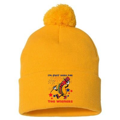 Funny Hot Dog I'm Just Here For The Wieners 4Th Of July Pom Pom 12in Knit Beanie