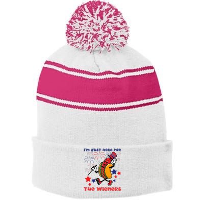 Funny Hot Dog I'm Just Here For The Wieners 4Th Of July Stripe Pom Pom Beanie