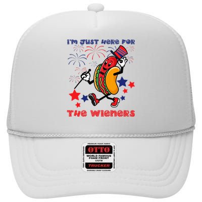 Funny Hot Dog I'm Just Here For The Wieners 4Th Of July High Crown Mesh Back Trucker Hat