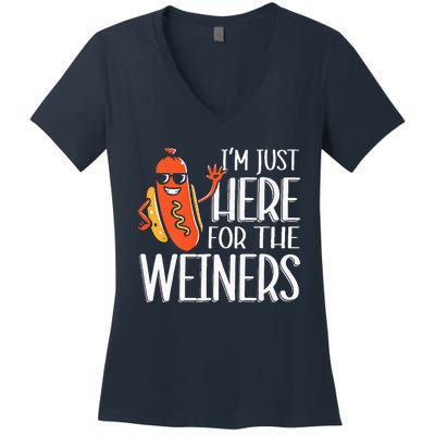 Funny Hot Dog Im Just Here For The Wieners Sausage Women's V-Neck T-Shirt