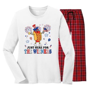 Fireworks Hot Dog I'm Just Here For The Wieners 4th Of July Women's Long Sleeve Flannel Pajama Set 