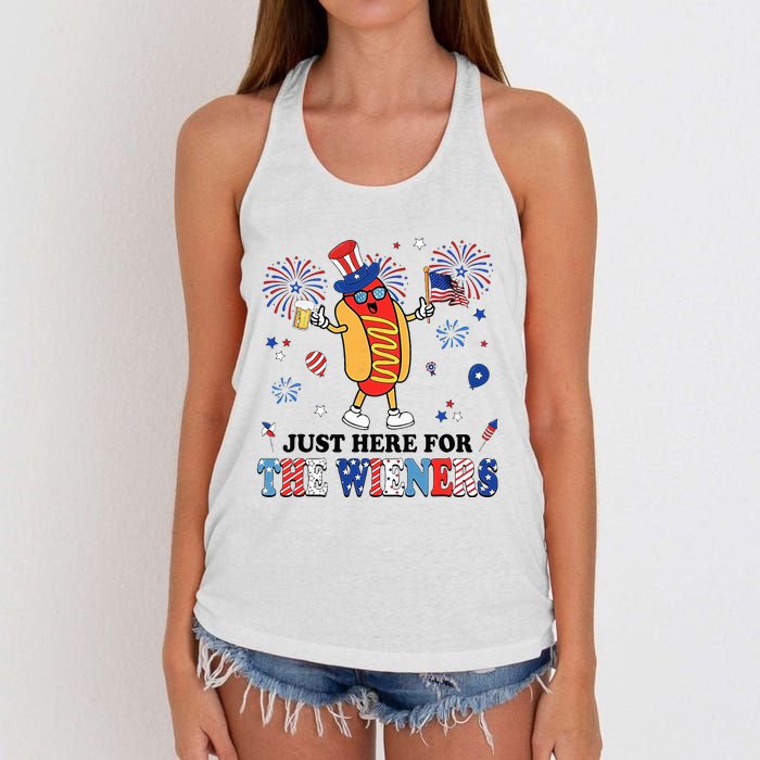 Fireworks Hot Dog I'm Just Here For The Wieners 4th Of July Women's Knotted Racerback Tank