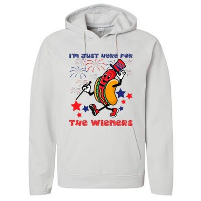 Funny Hot Dog I'm Just Here For The Wieners 4Th Of July Performance Fleece Hoodie