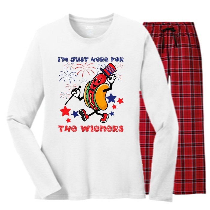 Funny Hot Dog I'm Just Here For The Wieners 4Th Of July Women's Long Sleeve Flannel Pajama Set 