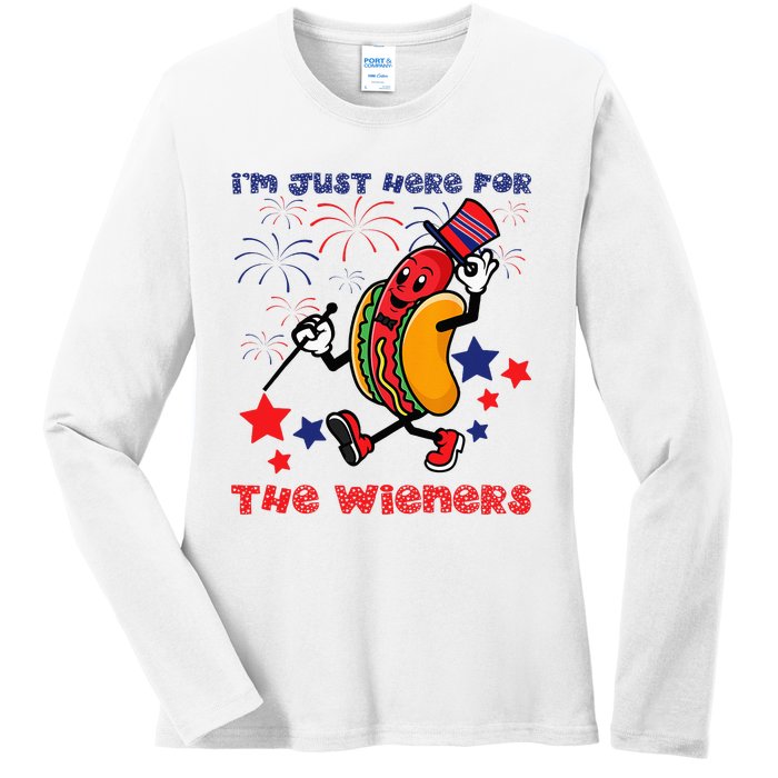 Funny Hot Dog I'm Just Here For The Wieners 4Th Of July Ladies Long Sleeve Shirt