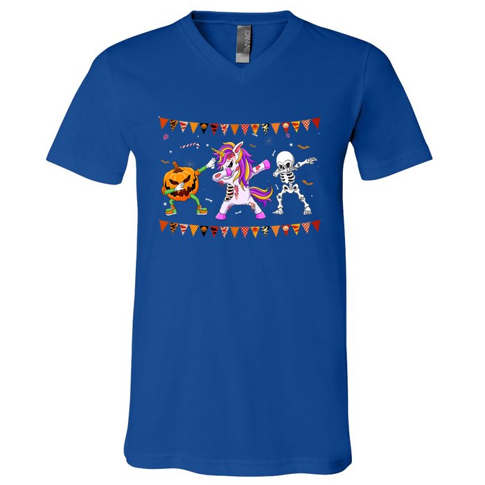 Funny Halloween Dabbing Skeleton Unicorn Zombie Pumpkin Dab Funny Gift V-Neck T-Shirt