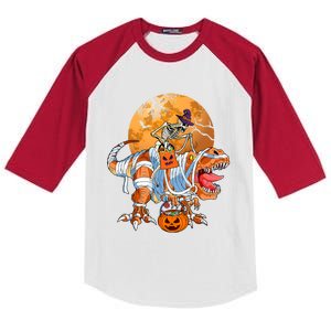 Funny Halloween Dinosaur Skeleton Riding Mummy TRex Gift Kids Colorblock Raglan Jersey