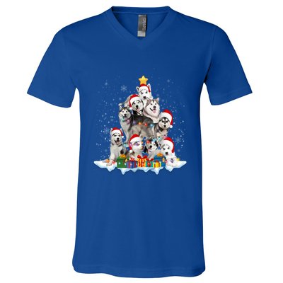 Funny Husky Dog Christmas Tree Cute Xmas Gift V-Neck T-Shirt