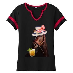 Funny Horse Derby Party Blue Classic Fit Round Ladies Halftime Notch Neck Tee