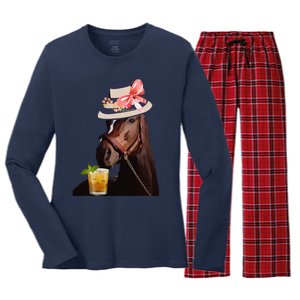 Funny Horse Derby Party Blue Classic Fit Round Women's Long Sleeve Flannel Pajama Set 