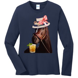 Funny Horse Derby Party Blue Classic Fit Round Ladies Long Sleeve Shirt