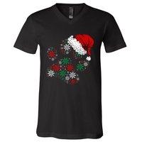 Festive Holiday Dog Paws with Santa Hat and Snowflake Lights V-Neck T-Shirt