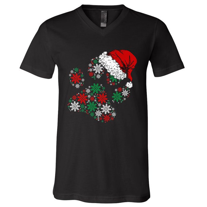 Festive Holiday Dog Paws with Santa Hat and Snowflake Lights V-Neck T-Shirt