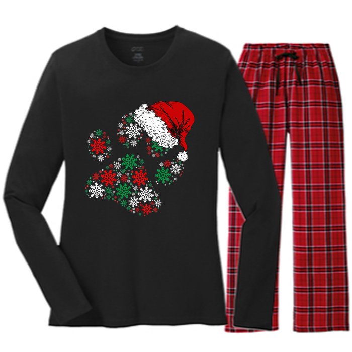 Festive Holiday Dog Paws with Santa Hat and Snowflake Lights Women's Long Sleeve Flannel Pajama Set 