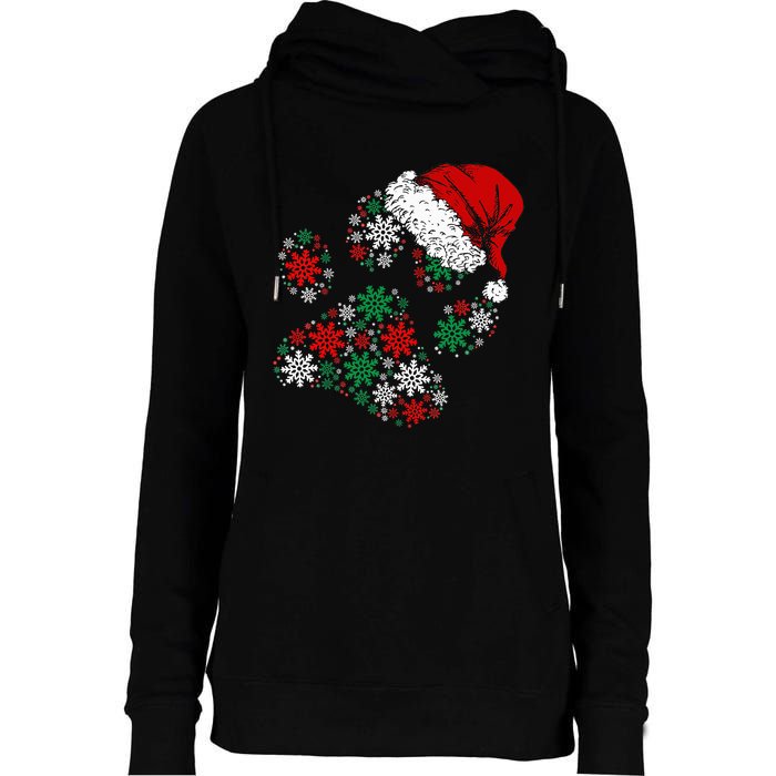 Festive Holiday Dog Paws with Santa Hat and Snowflake Lights Womens Funnel Neck Pullover Hood