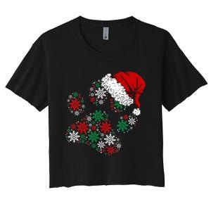 Festive Holiday Dog Paws with Santa Hat and Snowflake Lights Women's Crop Top Tee