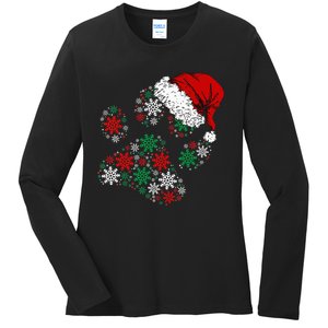 Festive Holiday Dog Paws with Santa Hat and Snowflake Lights Ladies Long Sleeve Shirt