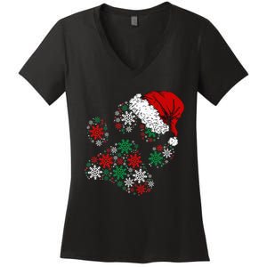 Festive Holiday Dog Paws with Santa Hat and Snowflake Lights Women's V-Neck T-Shirt