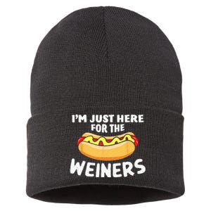 Funny Hot Dog I'm Just Here For The Wieners 4th Of July Sustainable Knit Beanie