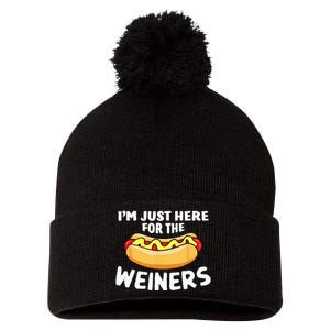 Funny Hot Dog I'm Just Here For The Wieners 4th Of July Pom Pom 12in Knit Beanie