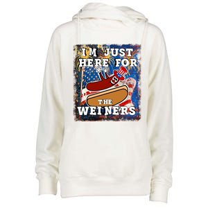 Funny Hot Dog Independence Day I’M Just Here For The Weiners Gift Womens Funnel Neck Pullover Hood