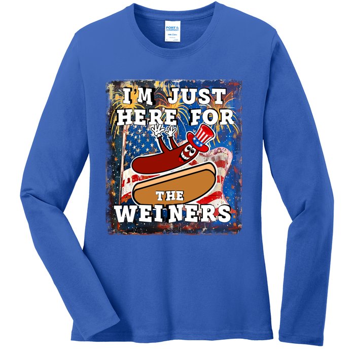 Funny Hot Dog Independence Day I’M Just Here For The Weiners Gift Ladies Long Sleeve Shirt