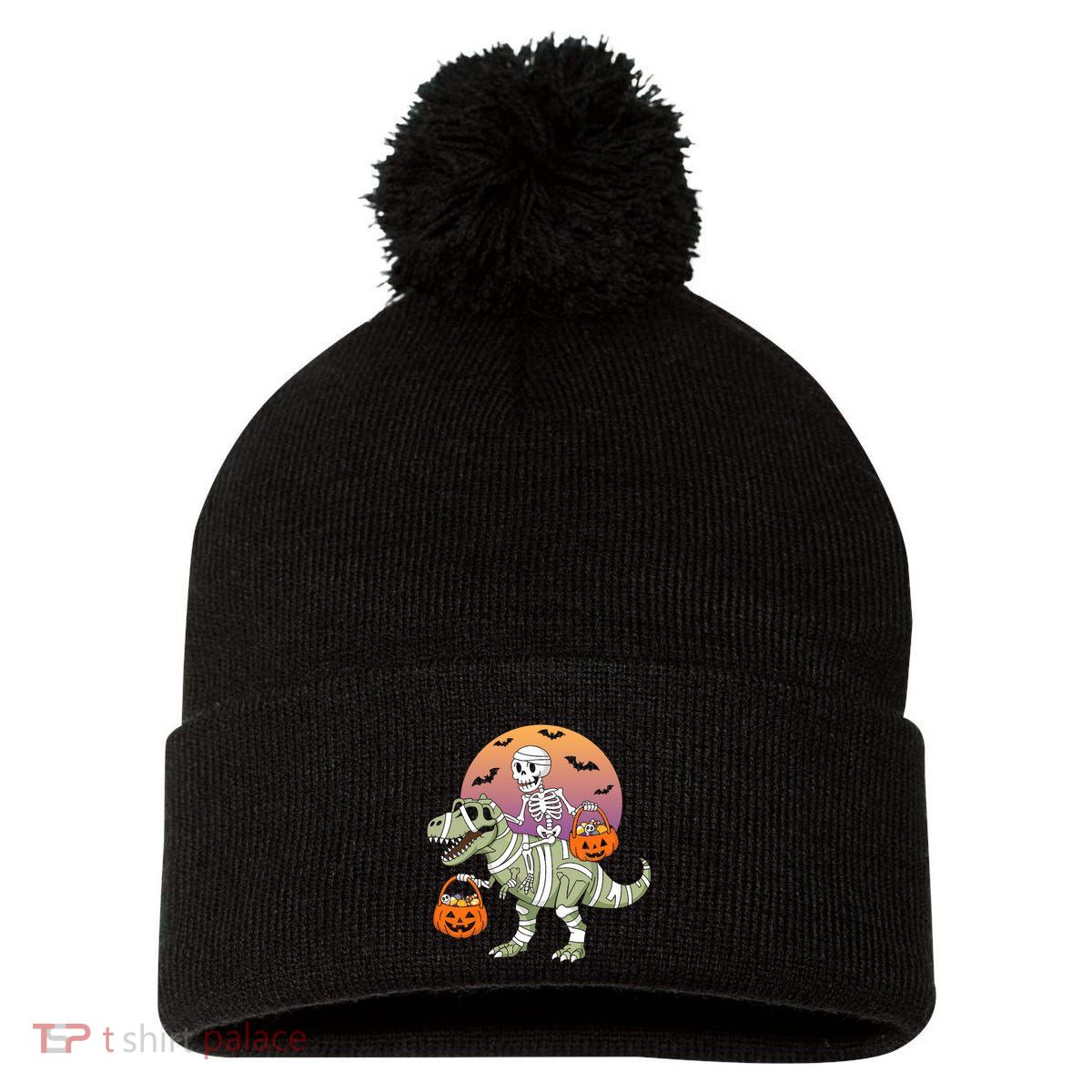 Funny Halloween Dinosaur T Rex Skeleton Pom Pom 12in Knit Beanie