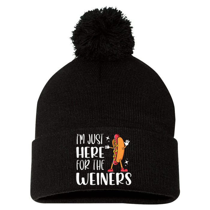 Funny Hot Dog Im Just Here For The Wieners Sausage Lovers Pom Pom 12in Knit Beanie