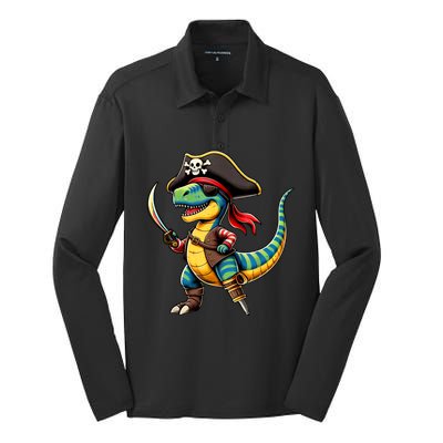 Funny Halloween Dinosaur Trex Pirate Silk Touch Performance Long Sleeve Polo