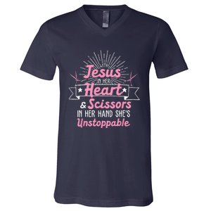 Funny Hairdresser Designs Girls Christian Hairstylists V-Neck T-Shirt