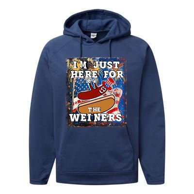 Funny Hot Dog Independence Day I’M Just Here For The Weiners Meaningful Gift Performance Fleece Hoodie