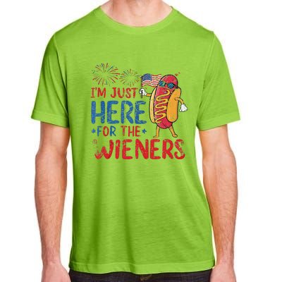 Funny Hot Dog IM Just Here For The Wieners 4th Of July Gift Adult ChromaSoft Performance T-Shirt