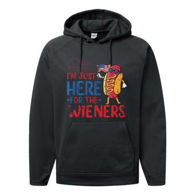 Funny Hot Dog IM Just Here For The Wieners 4th Of July Gift Performance Fleece Hoodie