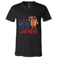 Funny Hot Dog IM Just Here For The Wieners 4th Of July Gift V-Neck T-Shirt